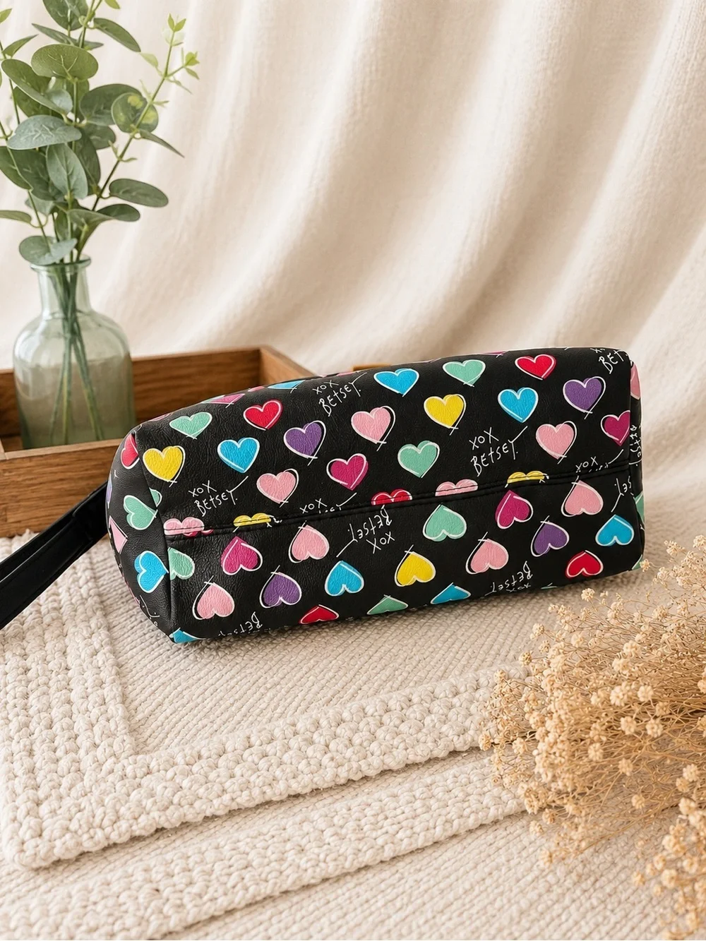 Vintage Betsey Johnson Heart Print Travel Bag | Double Zip Cosmetic Case